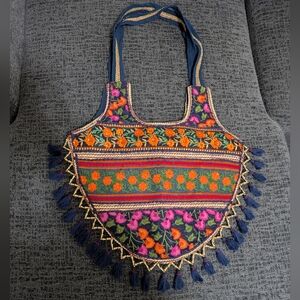 🪷NWOT Boho Indian Banjara Embroidered Cotton Tote Bag In Navy Combo
